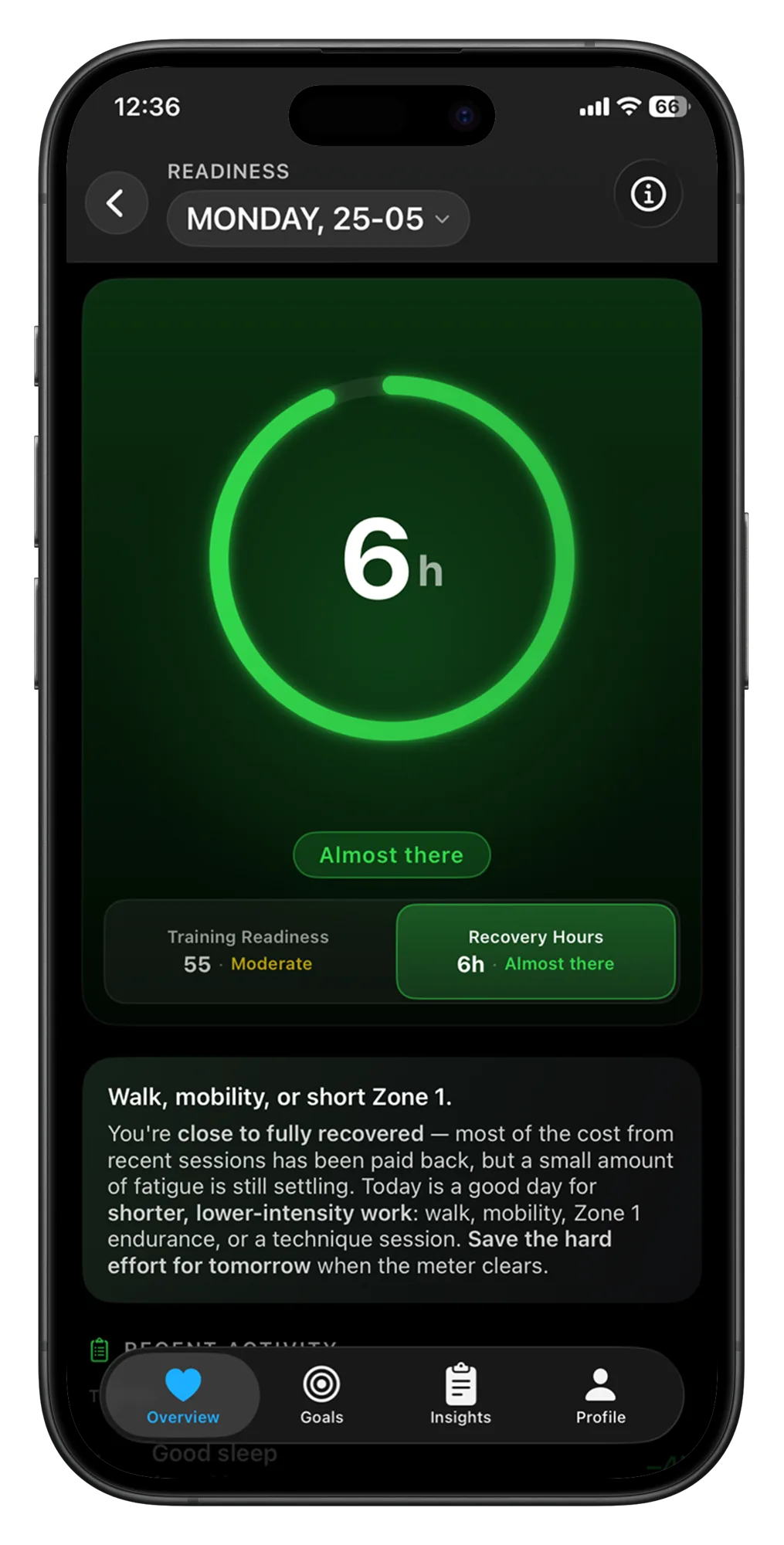 Livity Rest Hours screen showing the hours until you are fully recovered
