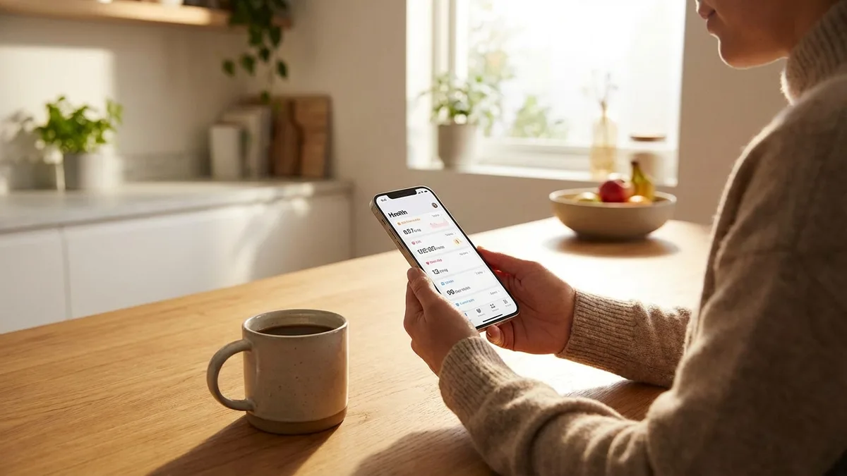 Žmogus tikrina iPhone sveikatos programėlę gerdamas rytinę kavą