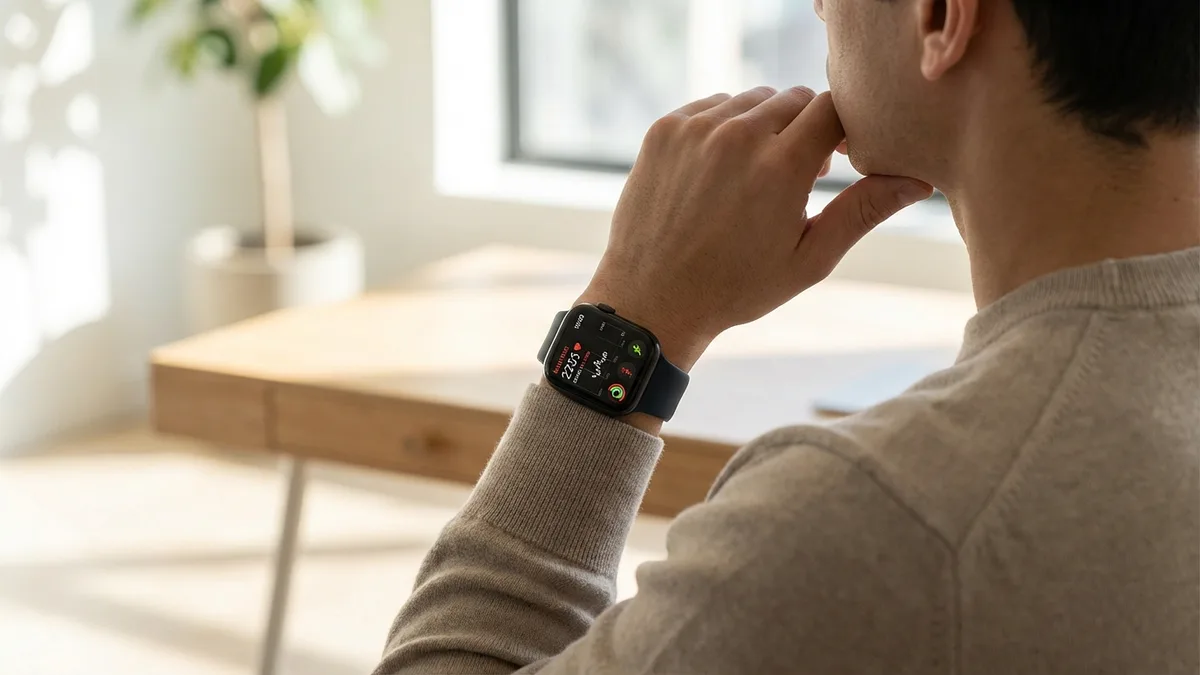 Žmogus žiūri į Apple Watch sveikatos duomenis moderniame biure