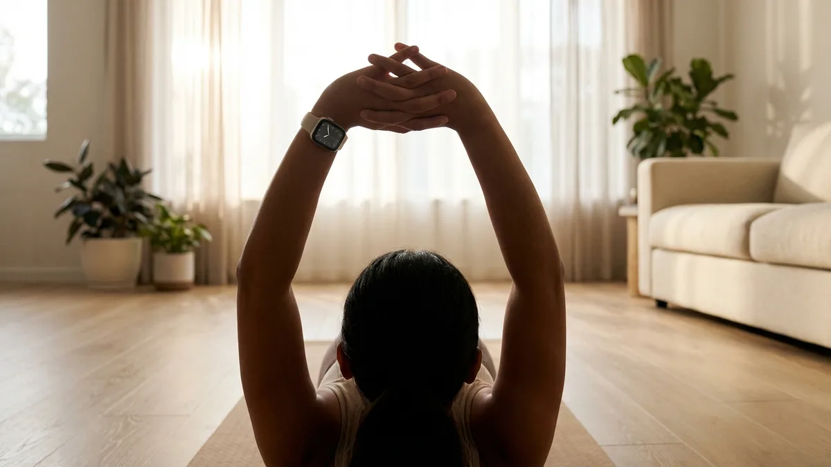 Person stretching on yoga mat wearing Apple Watch on recovery day