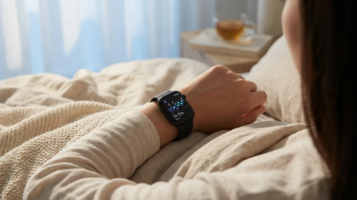 Apple Watch on wrist in bed, morning light, sleep tracking concept