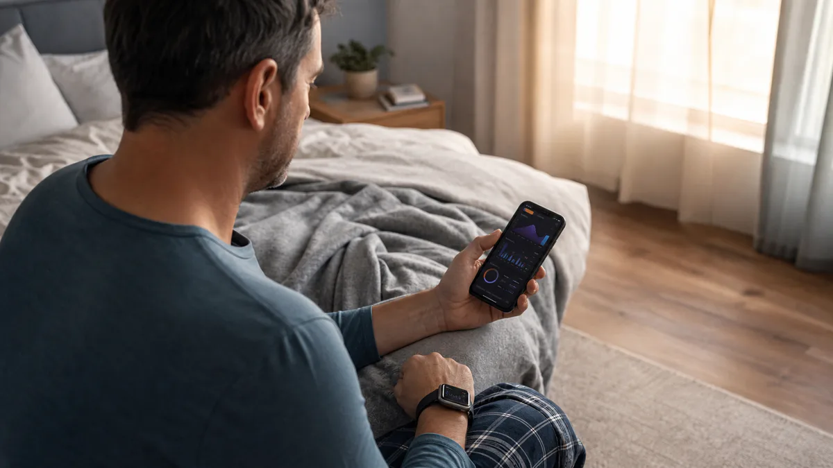 Adult reviewing Apple Watch sleep and recovery trends on an iPhone