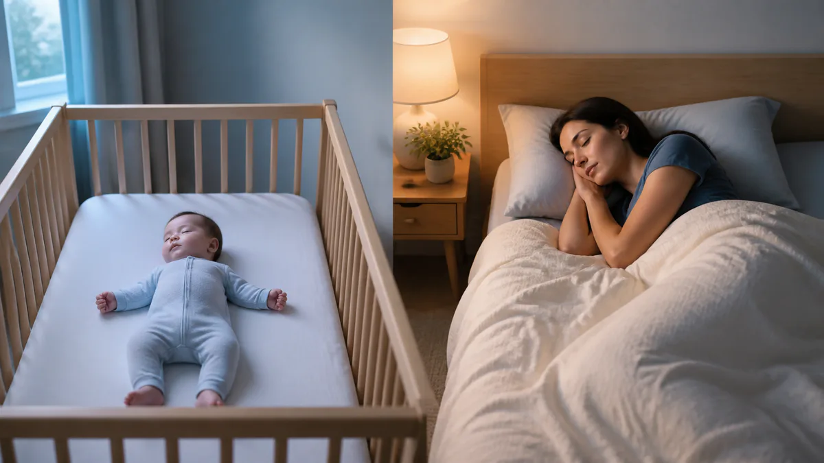 Sleeping baby and adult shown in a calm split-scene comparison of sleep across life stages