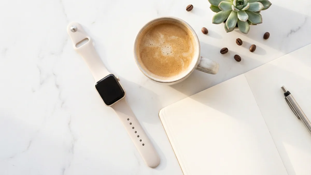 Apple Watch on wrist next to morning coffee and notebook