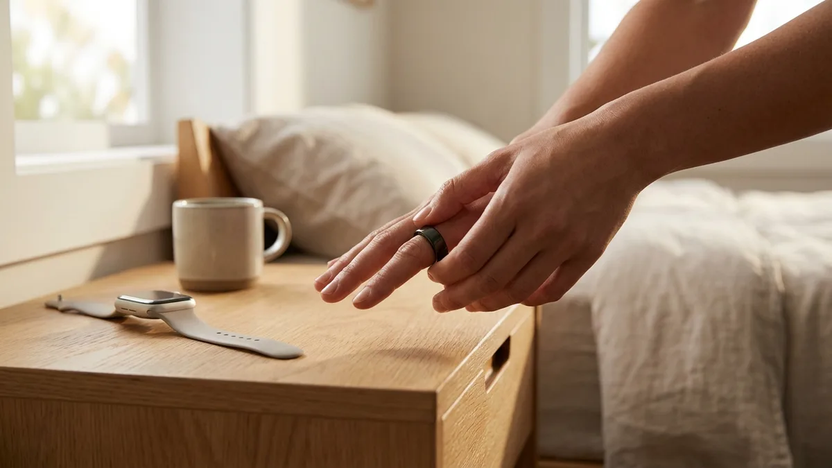 Person taking off smart ring and placing it next to Apple Watch on nightstand