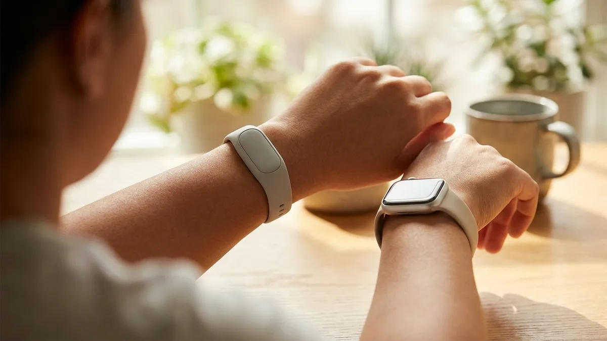 Kleiner Fitness-Tracker ohne Display am einen Handgelenk neben einer Apple Watch am anderen Handgelenk, Fitbit Air Review Vergleichsbild