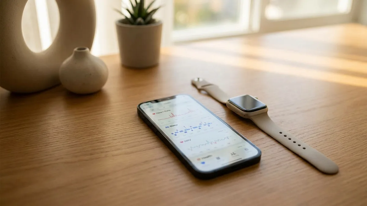 iPhone mit Gesundheits-Dashboard neben einer Apple Watch — Fitbit Air vs. Apple Watch Vergleich