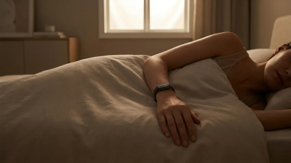 Person schläft mit Fitness-Tracker — displayloses Gesundheits-Tracking über Nacht