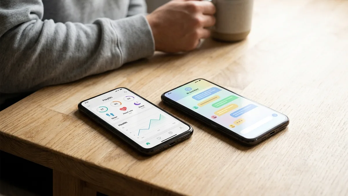 Two phones side by side comparing health dashboards and an AI assistant interface — google health vs apple health