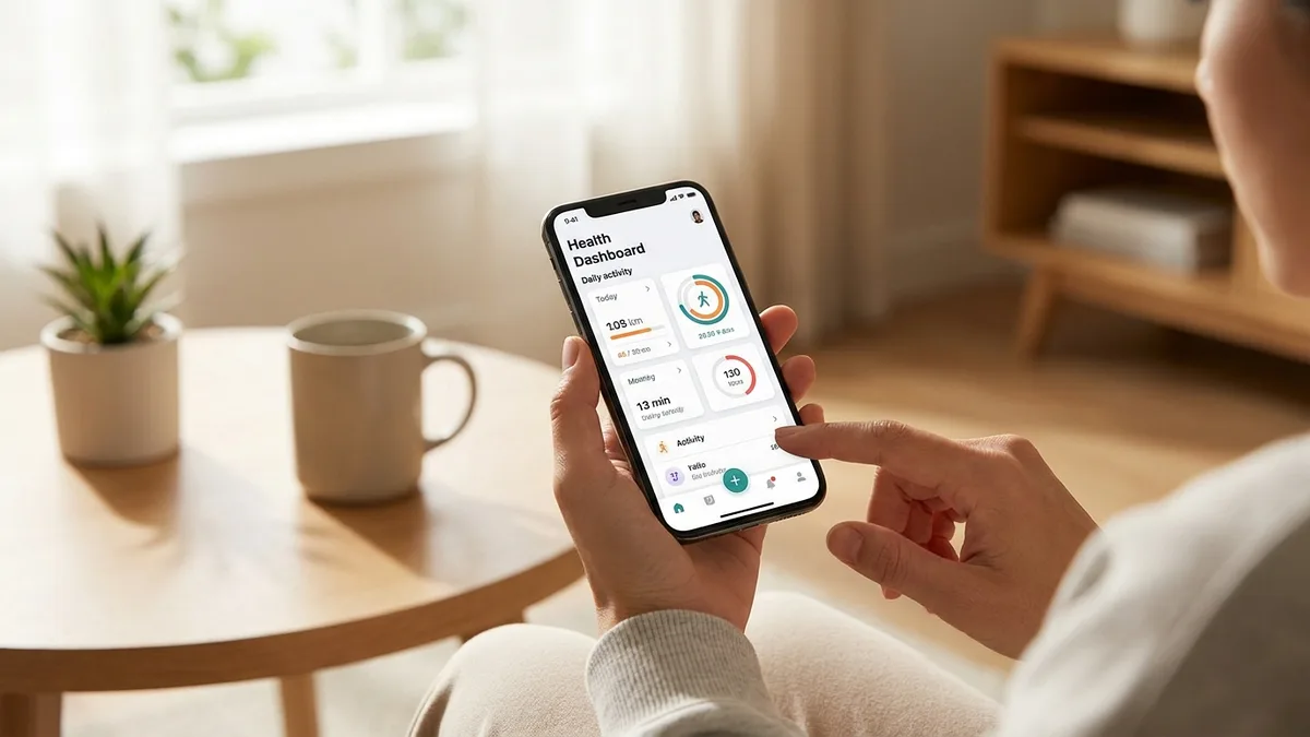 Person holding iPhone showing a health and fitness dashboard, illustrating the new Google Health app