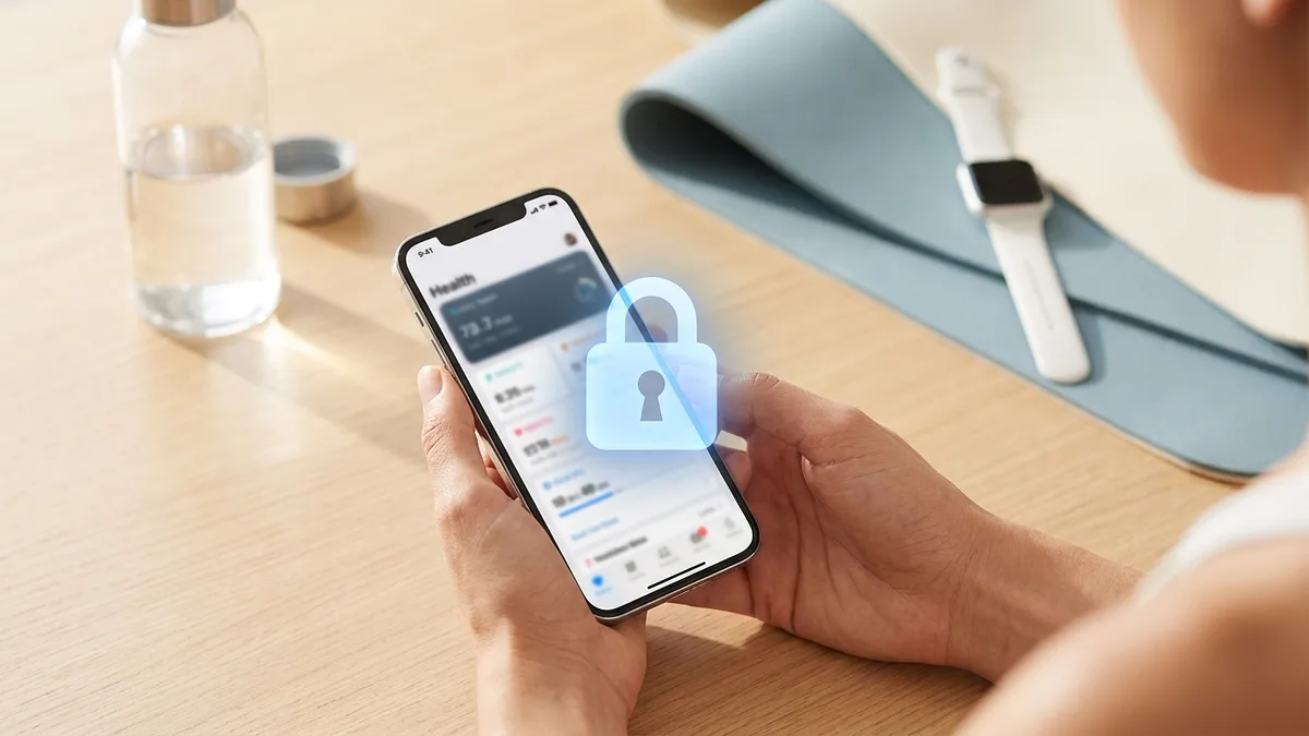 Conceptual privacy and health data protection illustration with iPhone and padlock