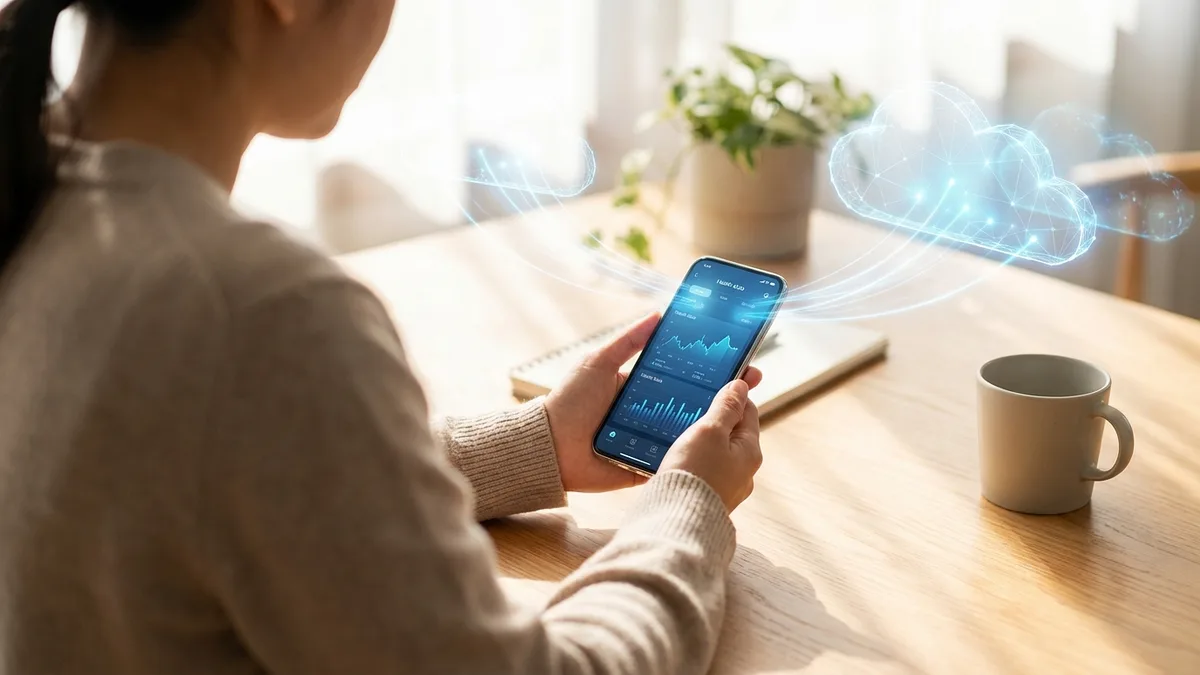 Žmogus žiūri į sveikatos duomenis išmaniajame telefone, duomenys keliauja į debesį