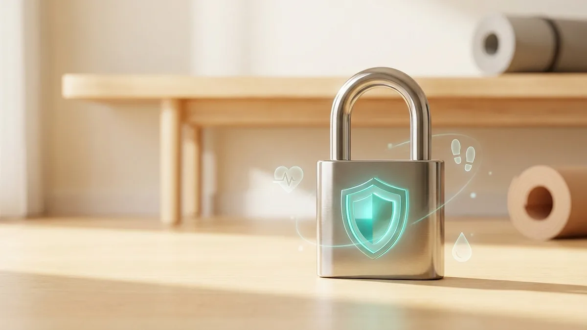 Skydo piktograma su sveikatos duomenų simboliais, vaizduojanti privatumą įrenginyje