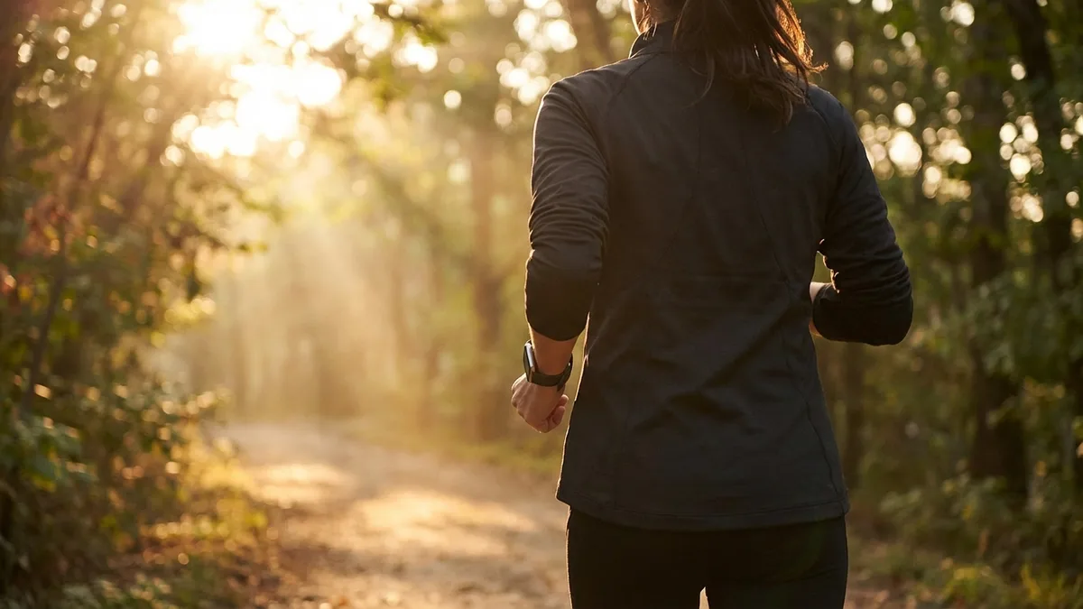 Žmogus eina medžiais apsodintu taku saulėtekio metu, dėvėdamas fizinio aktyvumo laikrodį