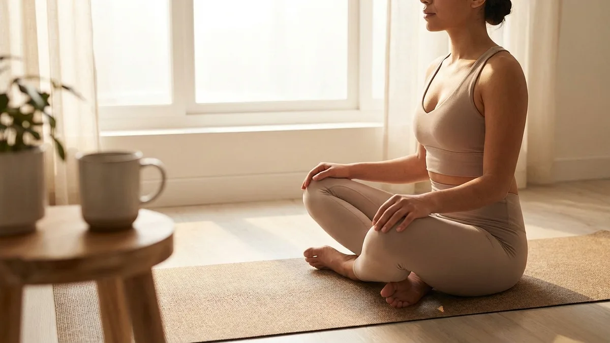 Person doing breathing exercise in calm room with morning sunlight