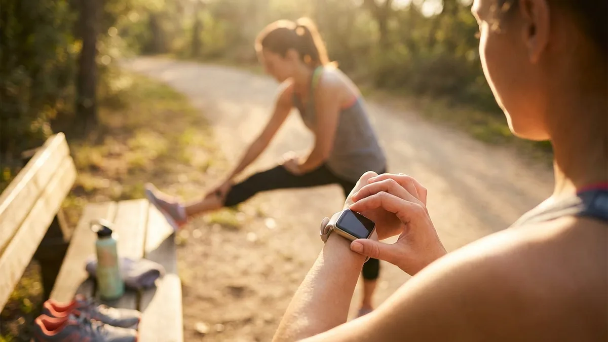 Runner stretching after morning jog while checking smartwatch, golden hour park trail