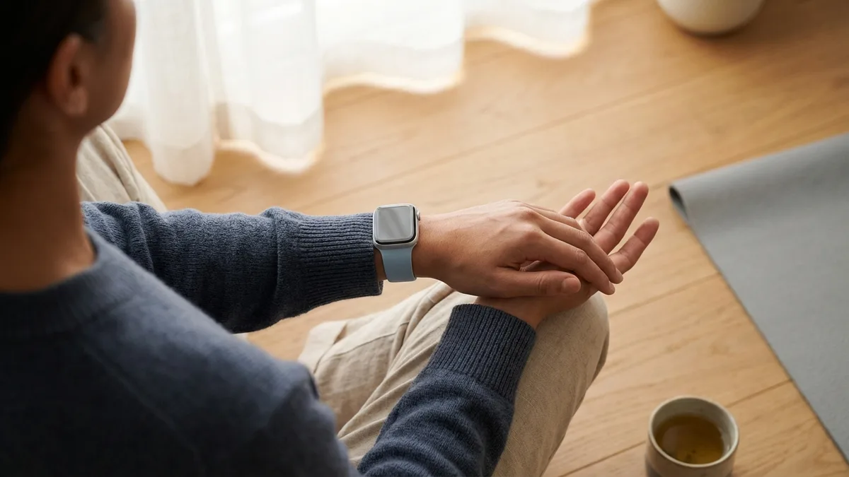 Person meditating with Apple Watch tracking heart rate variability