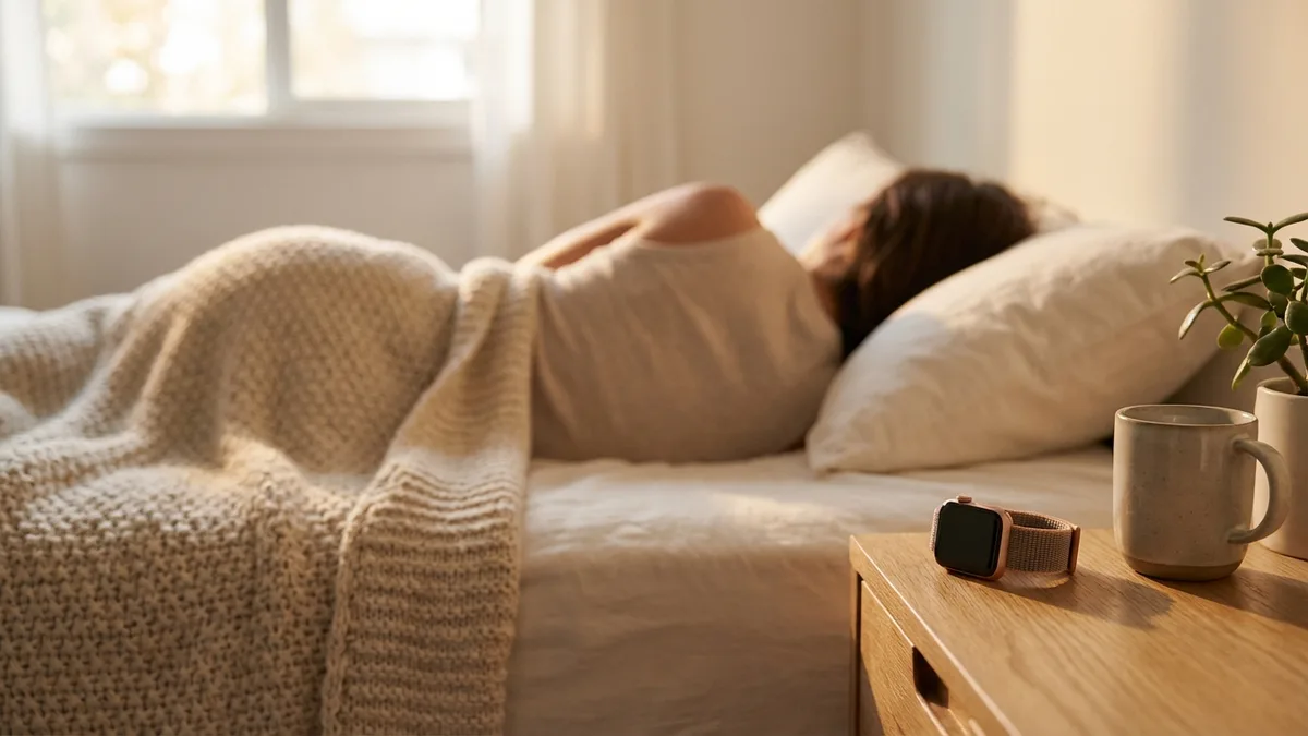 Žmogus ramiai miega, laikrodis padėtas ant naktinio stalelio