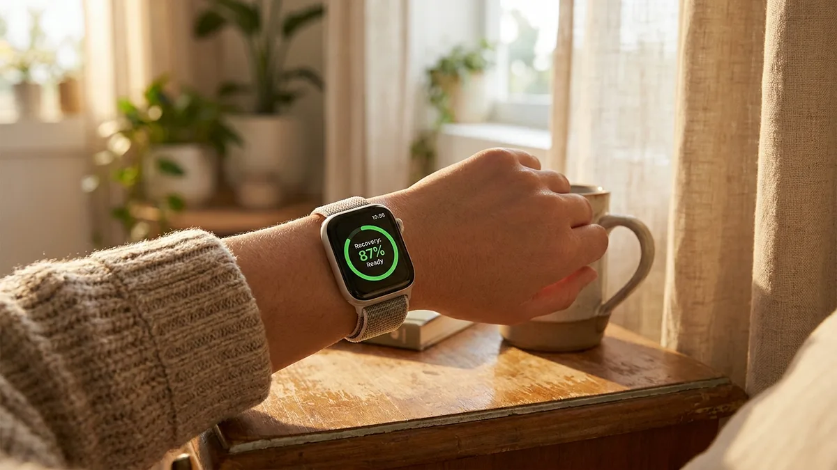 Close-up of Apple Watch showing a green readiness ring at 87 in soft morning light