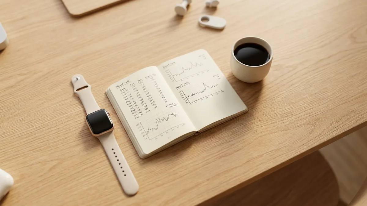 Overhead flat lay of Apple Watch, open notebook with heart rate chart and coffee on light oak desk