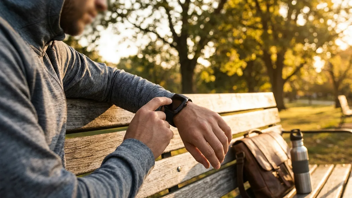 Runner resting on a park bench checking Apple Watch at golden hour