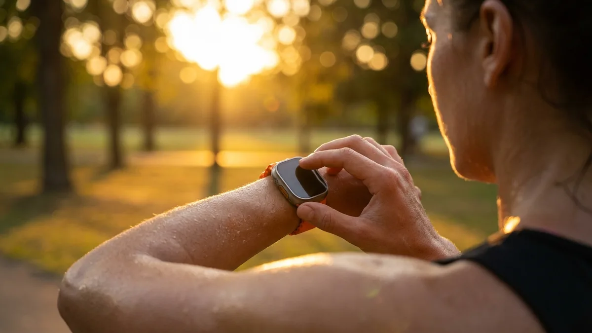 Bėgikas tikrina Apple Watch po intervalinės treniruotės