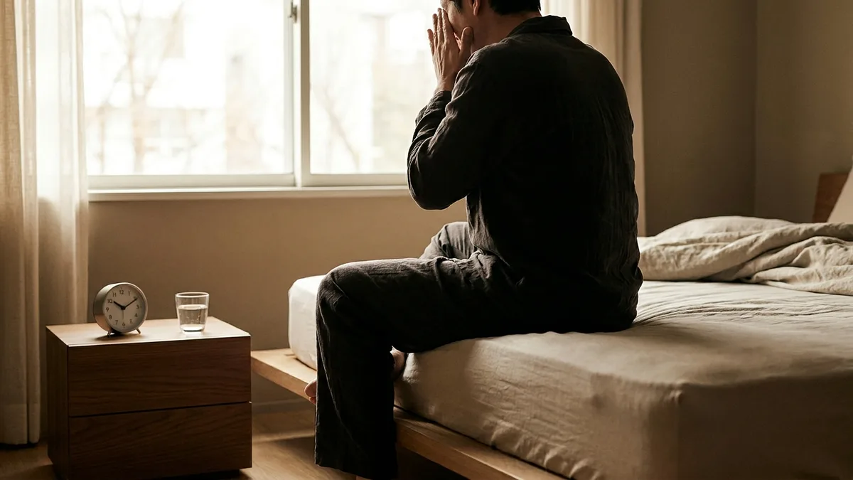 Tired person sitting on the edge of the bed at dawn, an example of accumulated sleep debt