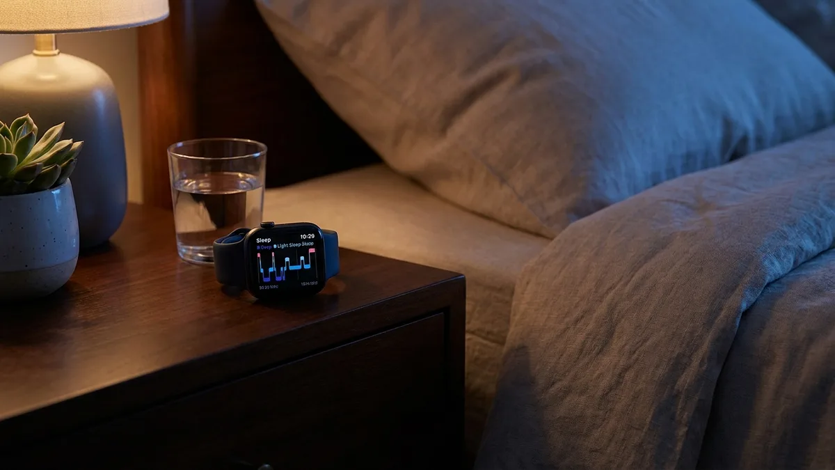 Apple Watch on a nightstand at night showing sleep tracking