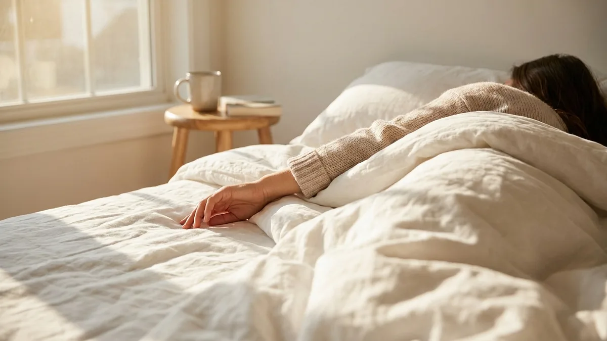 Person sleeping in late on a weekend morning with sunlight on the sheets