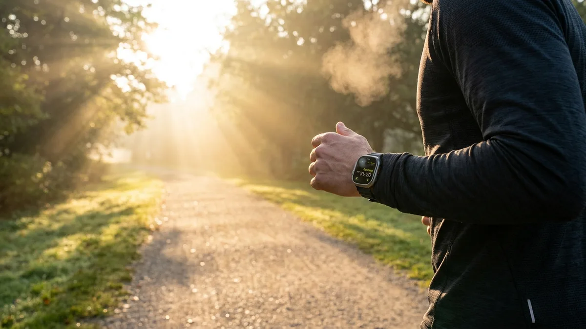 Läufer joggt bei Sonnenaufgang auf einem ruhigen Parkweg mit Apple Watch, im lockeren gleichmäßigen Zone-2-Cardio-Tempo