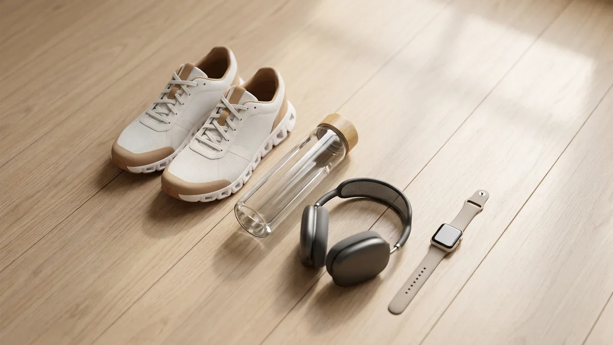 Flat Lay von Laufschuhen, Wasserflasche und Apple Watch von oben, bereit für ein Zone-2-Cardio-Workout